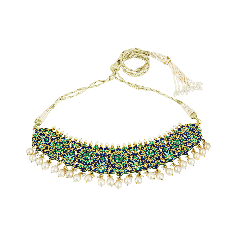 Polki Floral Choker with Gold Setting and Pearl Rows